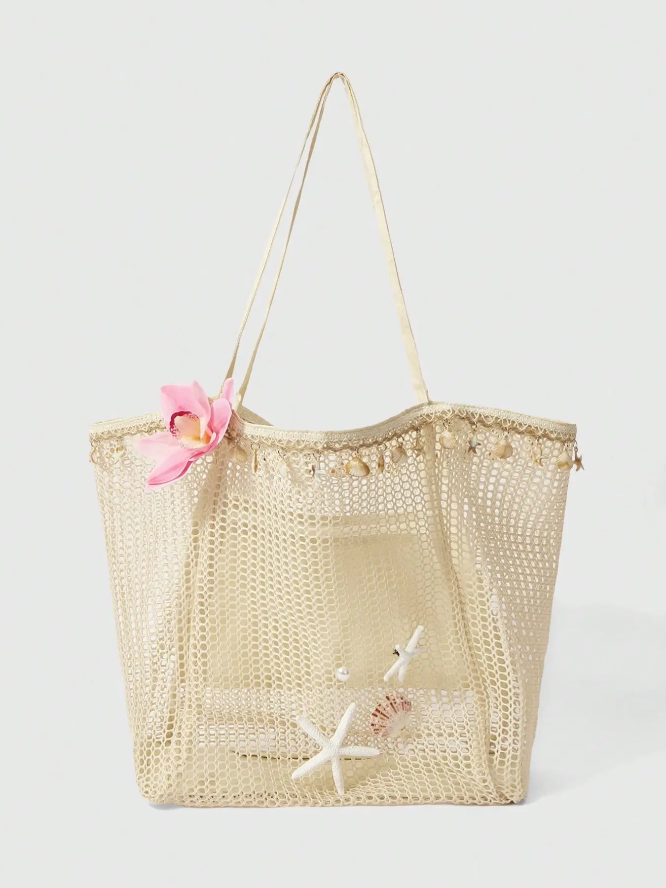 Hollow Out Mesh Beach Tote Bag for Women, Butterfly Orchid Starfish Shell Pearl Pendant, Casual Summer Vacation Shoulder Bag, Getaway Beach Bag