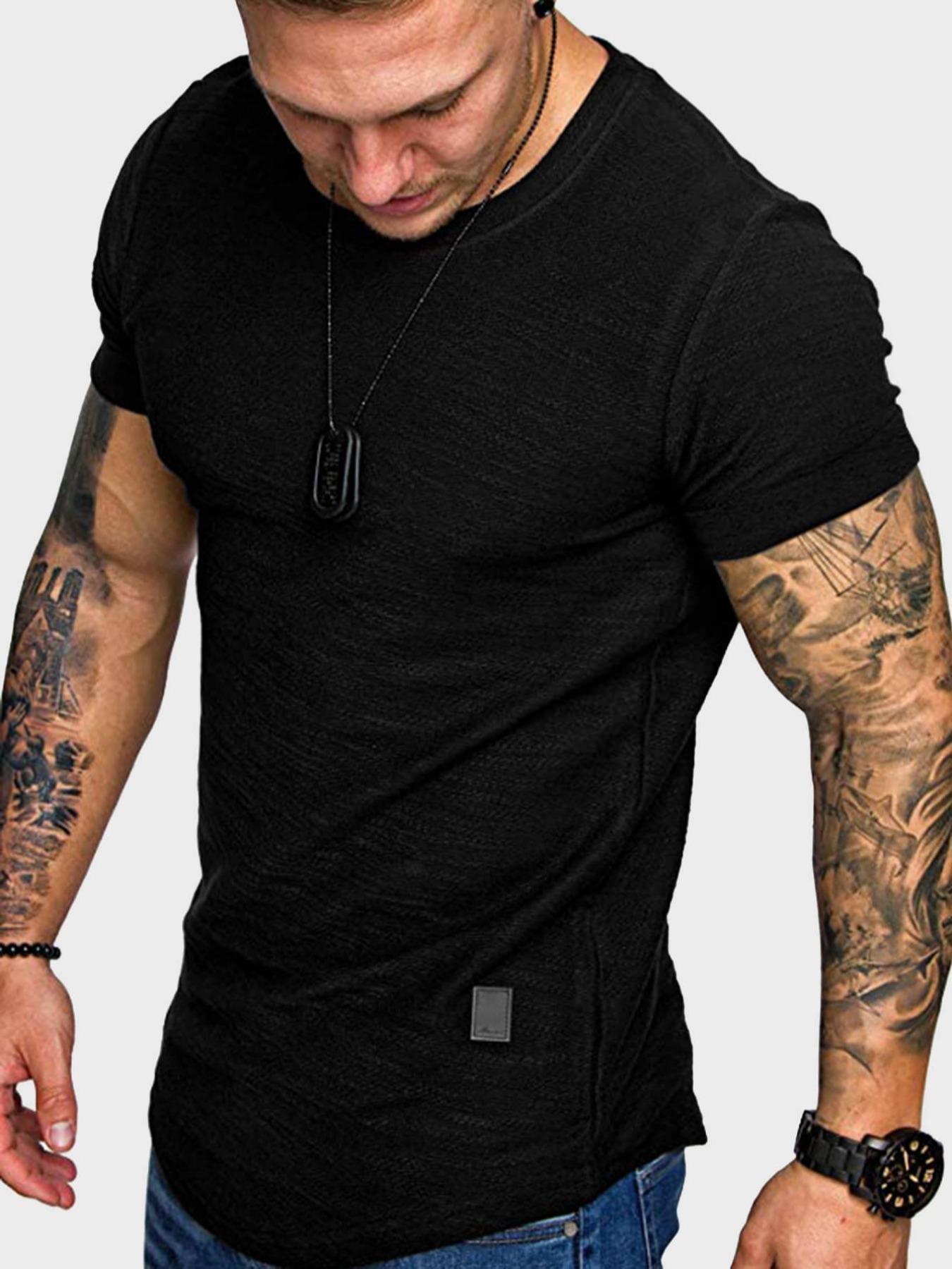 Men's Regular Fit Patched Round Neck Basic Jersey Tee, Casual Short Sleeve T-shirt for Summer, Menswear for Daily Wear