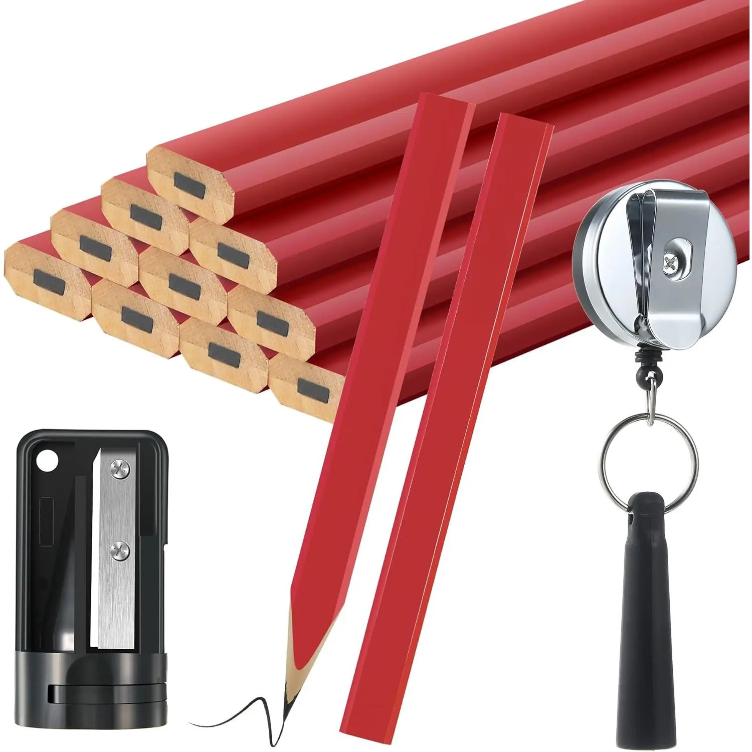 14 count Carpenter Pencils, 7 Inches Flat Octagonal Hard Woodworking Construction Pencils Heavy Duty with Pencil Sharpener and Retractable Pull Pen Holder for Contractor Carpentry (Red)
