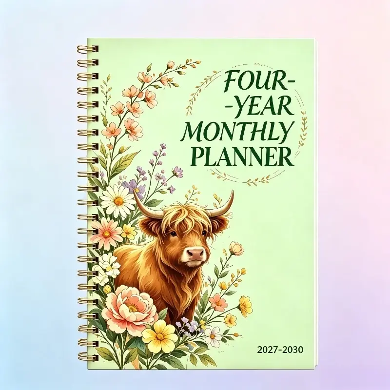2027-2030 Monthly Planner/Calendar - January 2027 to December 2030, 4-Year Monthly Planner, Colorful Floral Highland Cow Cover Design Notebook, Annual Calendar Planner, Month Tabs, 48-Month Calendar, Yearly Planner