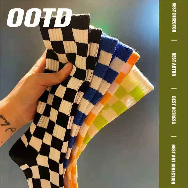 Women Checkerboard Mid Calf Socks, Ins Viral Black & White Plaid Long Socks, Colorful Versatile All-Season Sports Outer Wear Socks