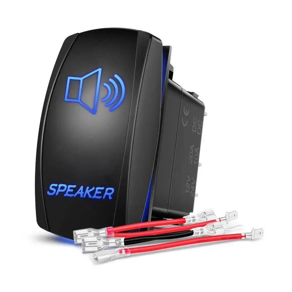 Nilight 5-Pin SPST Laser Speaker Rocker Switch, 12v/24v 20a, ABS+PC Construction, Built-in LEDs, Blue, On/Off Control, with Diagrams
