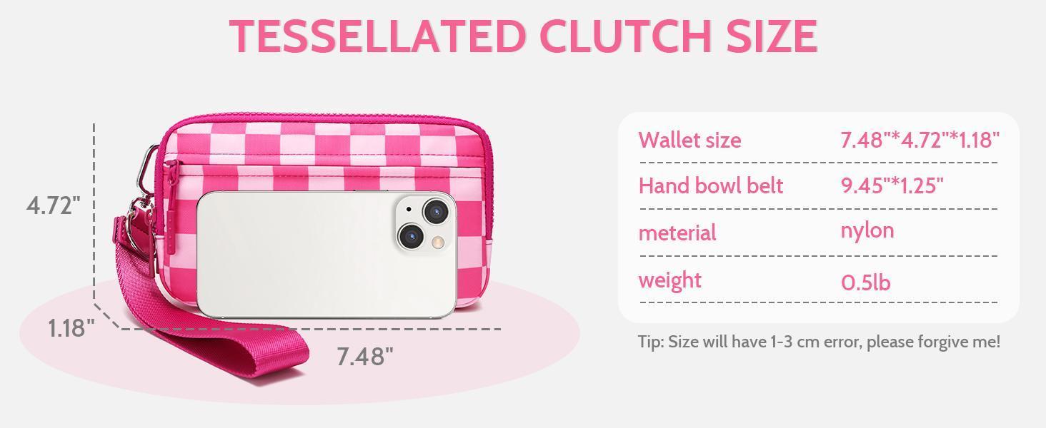 Wristlet wallets for women Nylon Quilted Wallet with 4 Zippers,Travel Credit Card,Holder Cell Phone Organizer, checkered belt bag