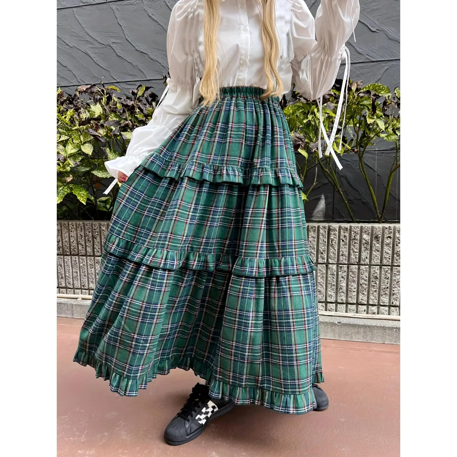 Women's Christmas Green Checkered Plaid A-Line Skirt - Autumn Winter, Elastic Waist, Lined, Ruffled, Vintage Style, Regular Fit, Polyester Fabric Women's Bottom, Machine Wash, Woven, Do Not Dry Clean, Plaid Skirts, Ruffles Lined