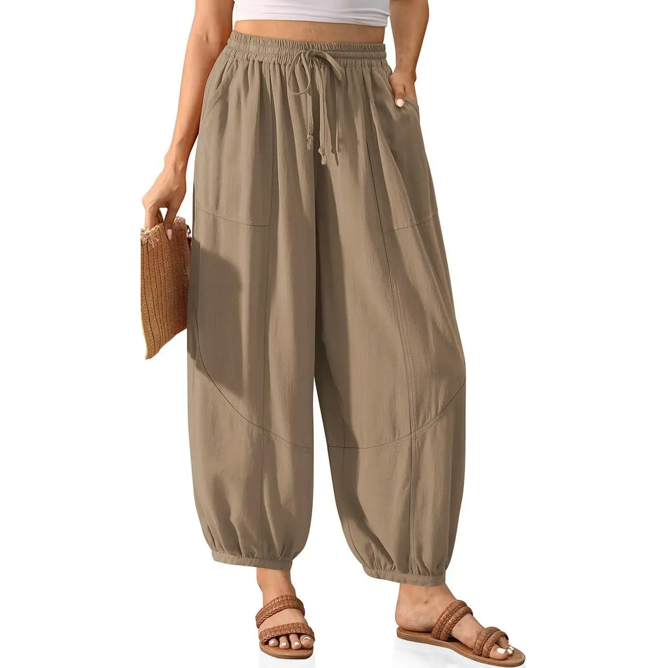 Womens Linen Barrel Harem Pants Casual Wide Leg Baggy Drawstring Boho Summer Beach Palazzo Travel Pants