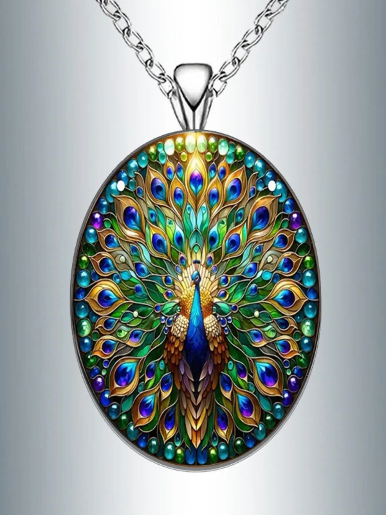French Retro Painted Peacock Necklace, Silver Color Alloy Chain, Glass Pendant Design, Unique Fashion Jewelry for Daily Wear & Gifts
