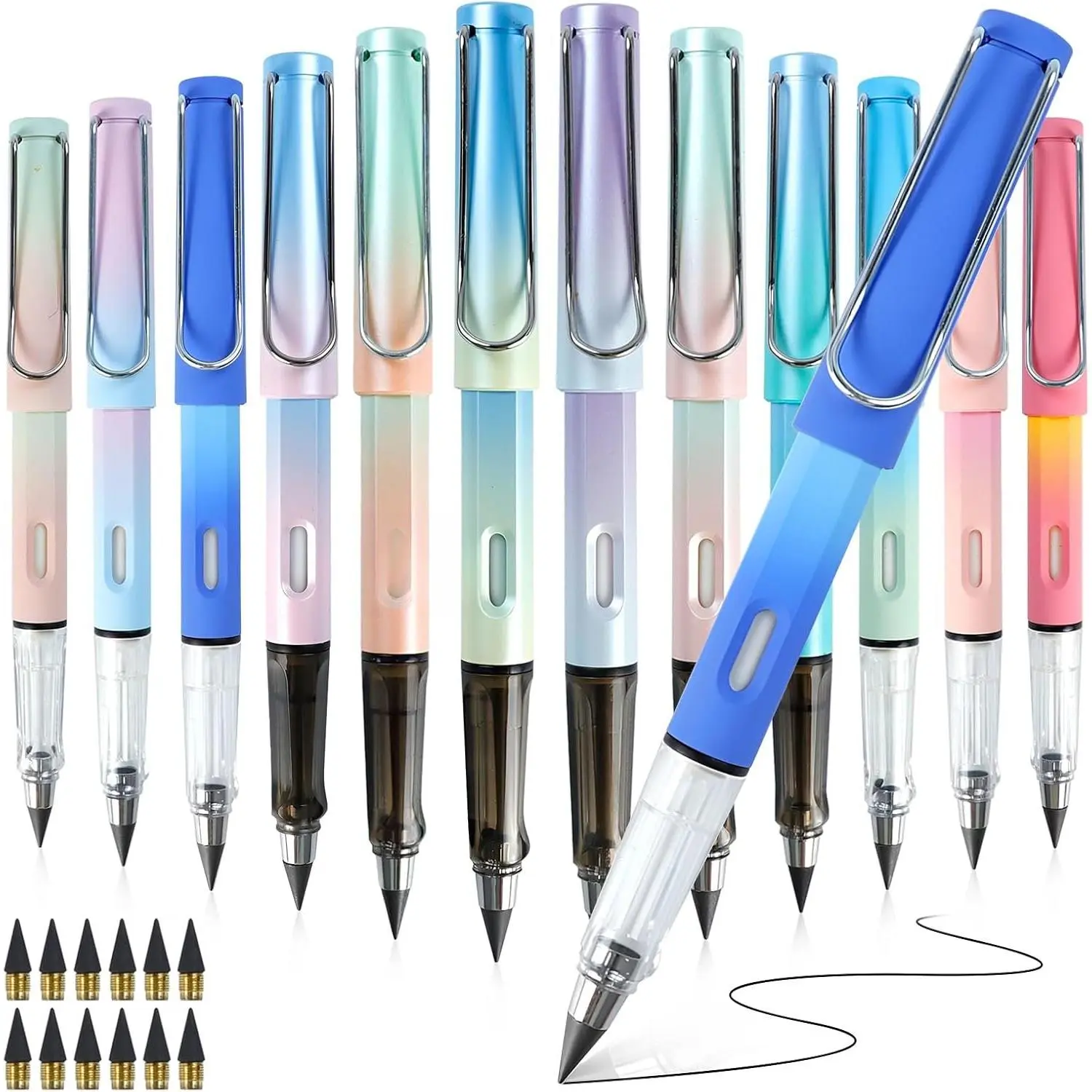12 count Everlasting Pencils with 12  Tips,  Infinity Pencil with Eraser, Inkless Pencil Eternal pencil for Writing, Forever Pencil for Student Sketching Office Supplies