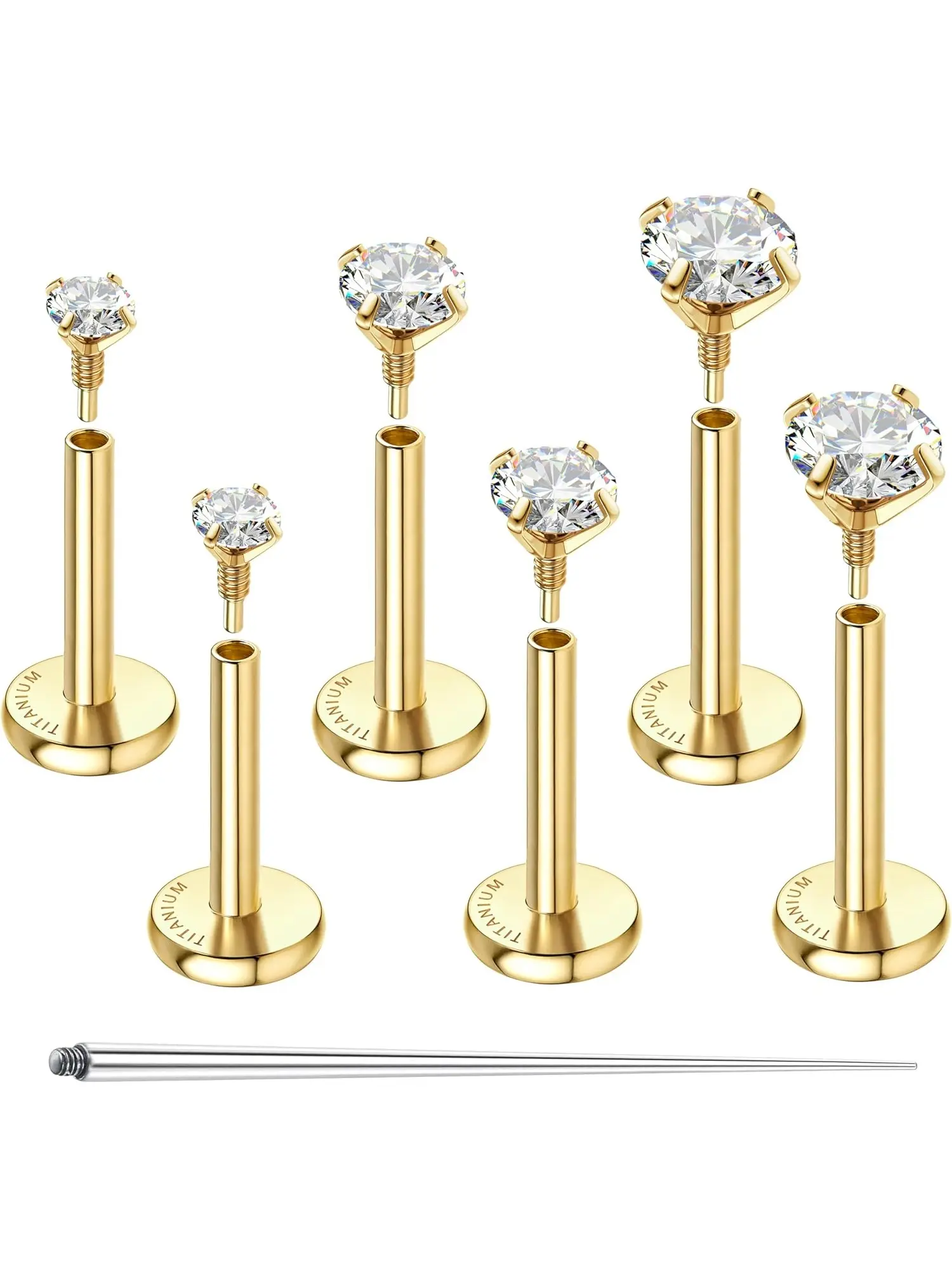 3 Pairs of Titanium Stud Earrings, Medical Hypoallergenic 14K Gold Flat Back Post Earrings, 16G/18G Internal Thread Piercing Plug, Body Piercing Jewelry for Helix Tragus Cartilage Tragus Piercing Gold/Silver