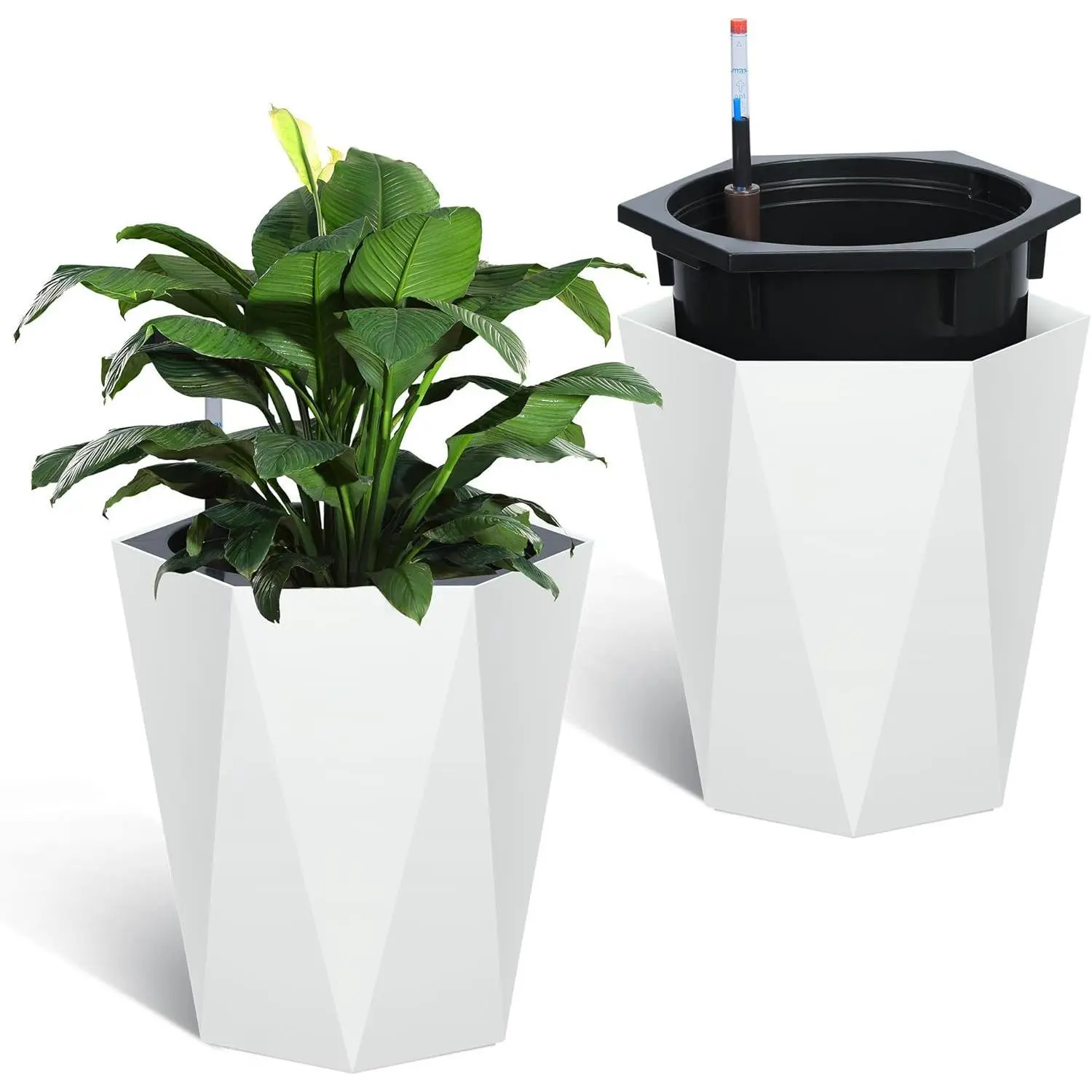 Opaque White Reusable Synthetic Plastic 16-Inch Tall Indoor-Outdoor Flower Pots (Set of 2) with Automatic Watering System, Water Level Monitor, Wheels, Integrated Drainage Holes for Patio, Living Room, White Exterior Flower Pots
