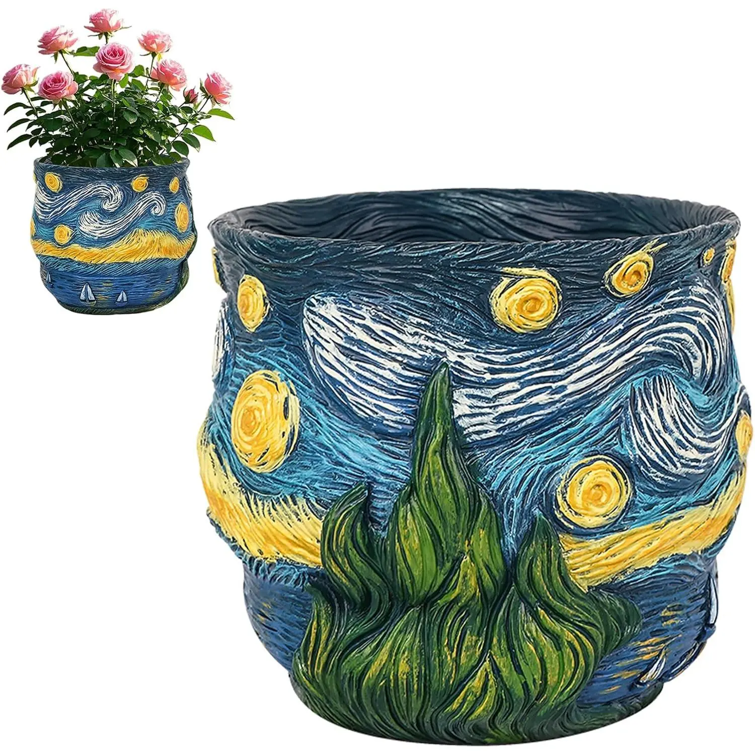 Van Gogh Inspired Modern Synthetic Night Planter Pots, Artistic Brushstrokes Design Colorful Planters for Art Lovers - Room Decor, Balcony Decoration Vase, Flower Pot