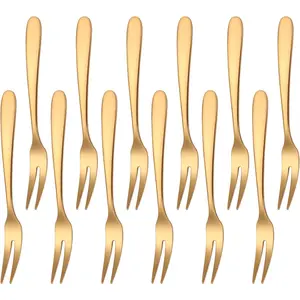 12 Pcs Fruit Forks, SUS304 Stainless Steel Dessert Forks, 5.51 Inch Small Appetizer Forks Gold, Two-Prong Cocktail Forks for Cake, Pastry, Charcuterie Board, Tasting Forks, Dishwasher Safe