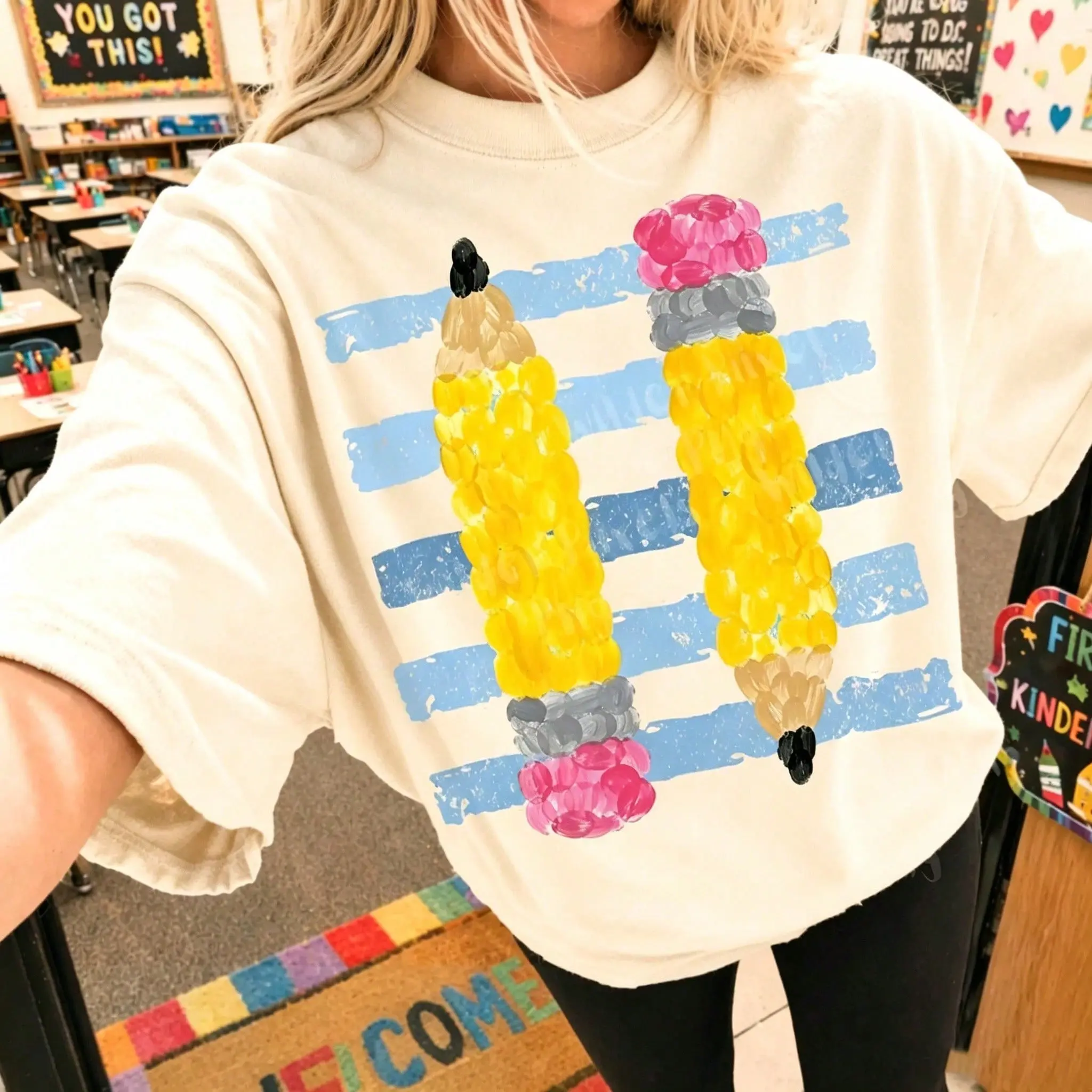 Retro Pencil Graphic Teacher Tee Cute Alphabet Print Classroom Top Breathable Cotton Casual Shirt For Educators Back To School
