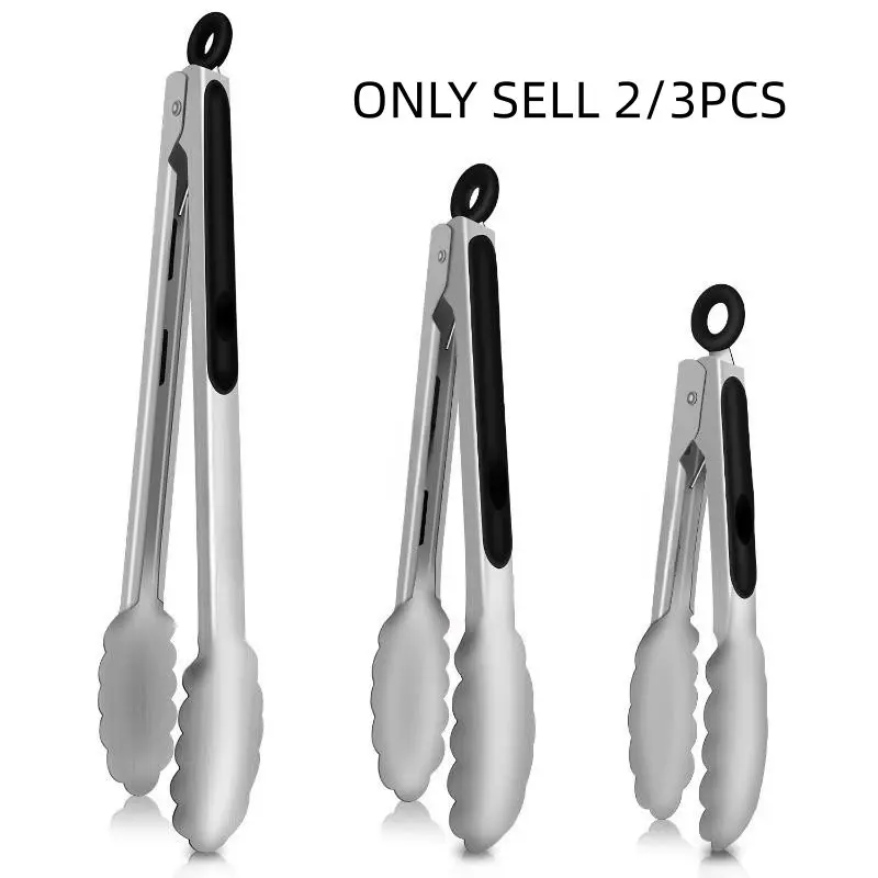 Thickened Stainless Steel Food Tongs Set, Non-Slip Handle, High Heat Resistant BBQ Tongs, Barbecue Utensils, Grilling Tools, BBQ Accessories, Ideal for Grilling, Baking, Serving