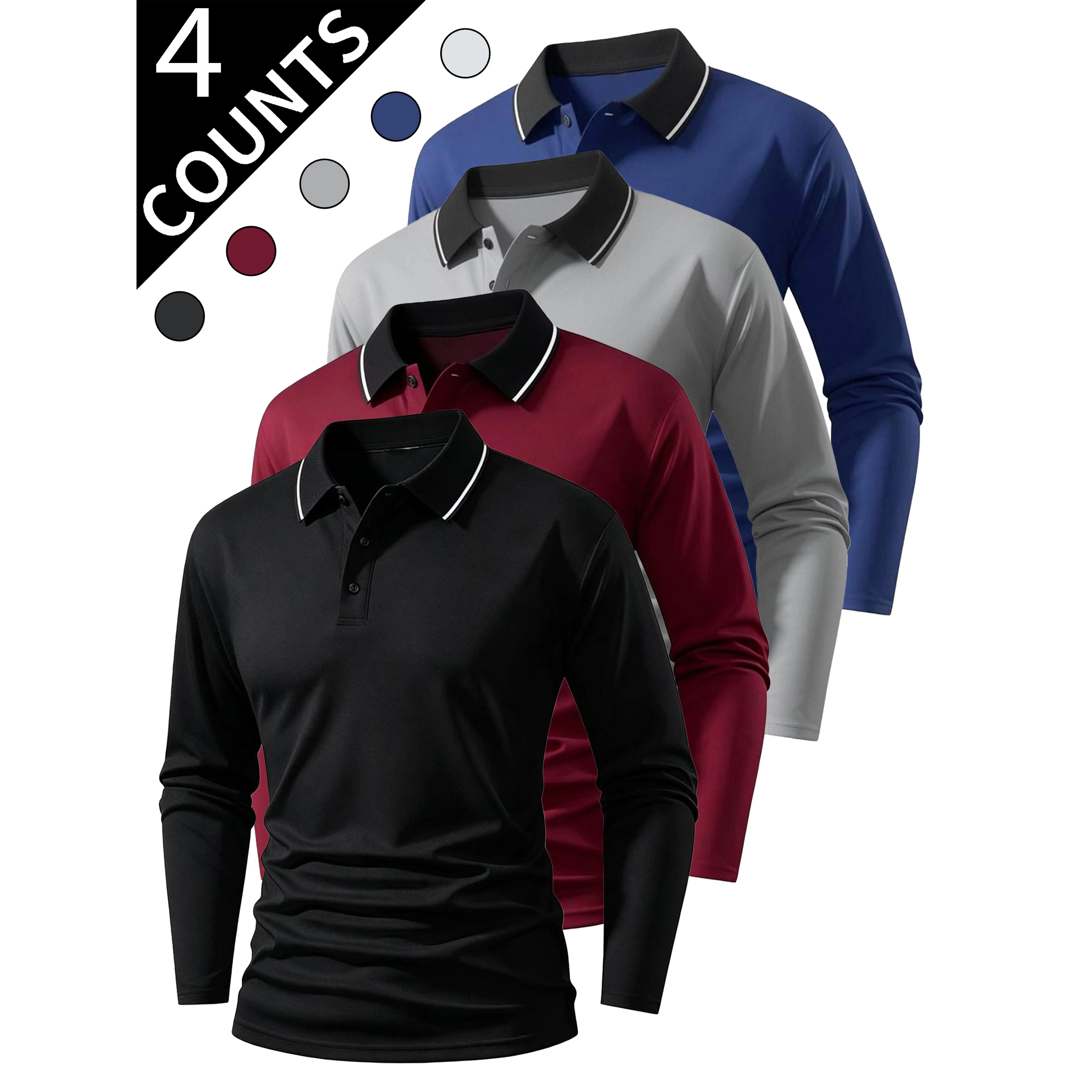 2026 4-Pack Contrast Color Lapel Polo Shirts for men, featuring fashionable spliced insert-color detailing.Crafted from soft breathable lightweight fabric to deliver long-lasting all-day comfort.Timeless lapel cut balances casual and neat aesthetics,