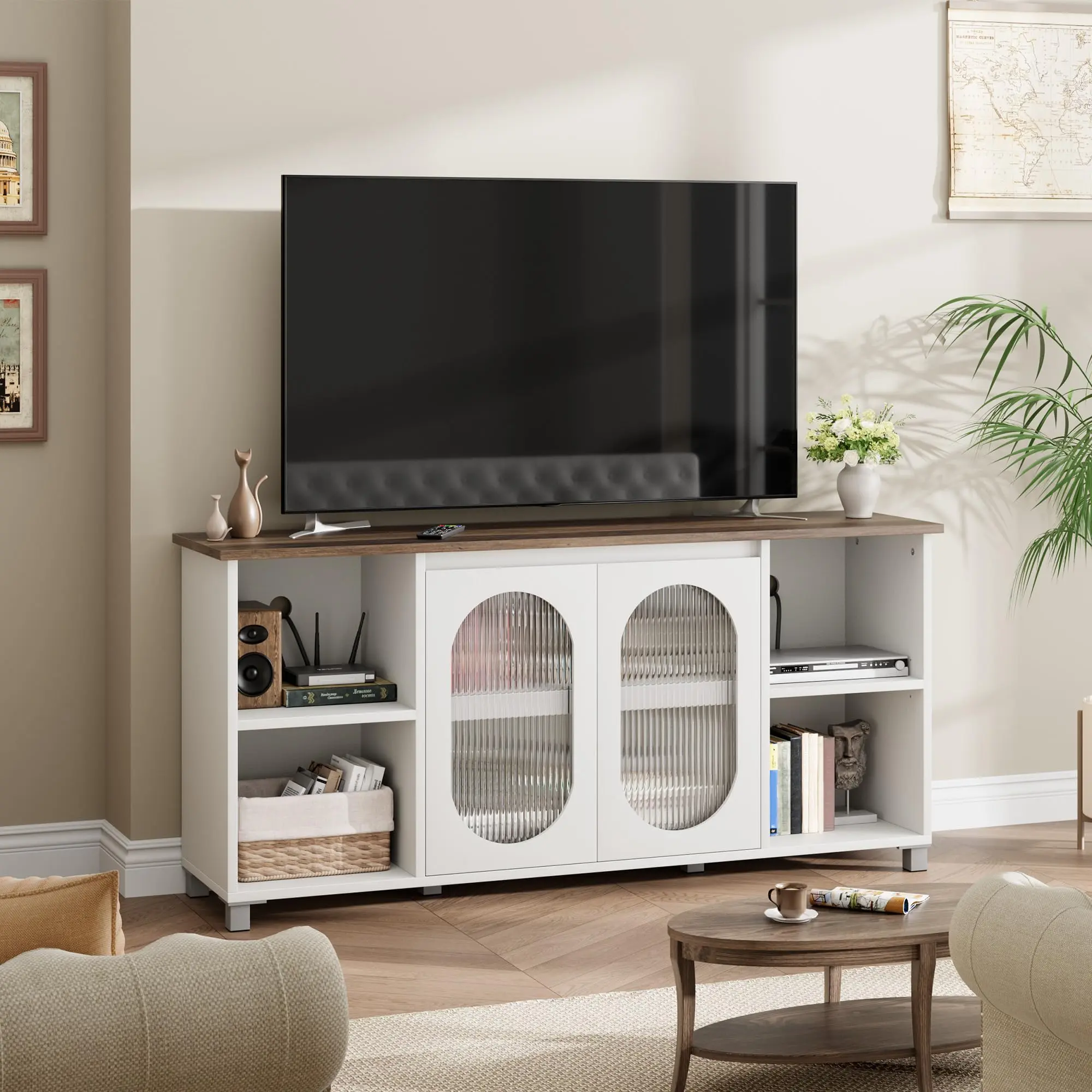 Modern TV Stand - Media Console Cabinet for 70-75 Inch TVs - Wooden Entertainment Center with Fluted or Frosted Glass Doors, Adjustable Open Shelves, Sturdy MDF - Black, White & Dark Brown Finish