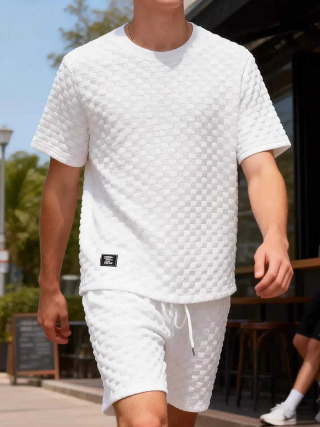 Men's 2 Piece Outfit Bubble Grid Textured Short Sleeve T-Shirt & Shorts Set Summer Casual Sporty White Waffle Knit Elastic Waist Drawstring Loose Fit Comfort Daily Loungewear Gym Streetwear