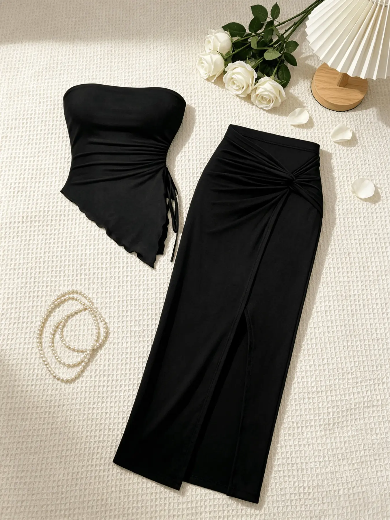 Sexy Cami Top & Split Long Skirt Set, Going Out Sets, Clothing Set, Slimming Bodycon Design, Fit, Korean Style, Spring & Fall Fashion, Plain Pattern, Two-Piece