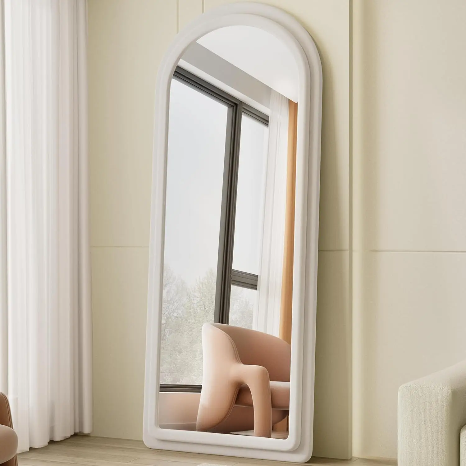 Floor Mirror, Full Length Mirror with Stand, 63"x24" Freestanding Arched Mirror Full Length  or Leaning, Wall Mounted Mirrors with Flannel Frame, Large Mirrors for Bedroom (White)