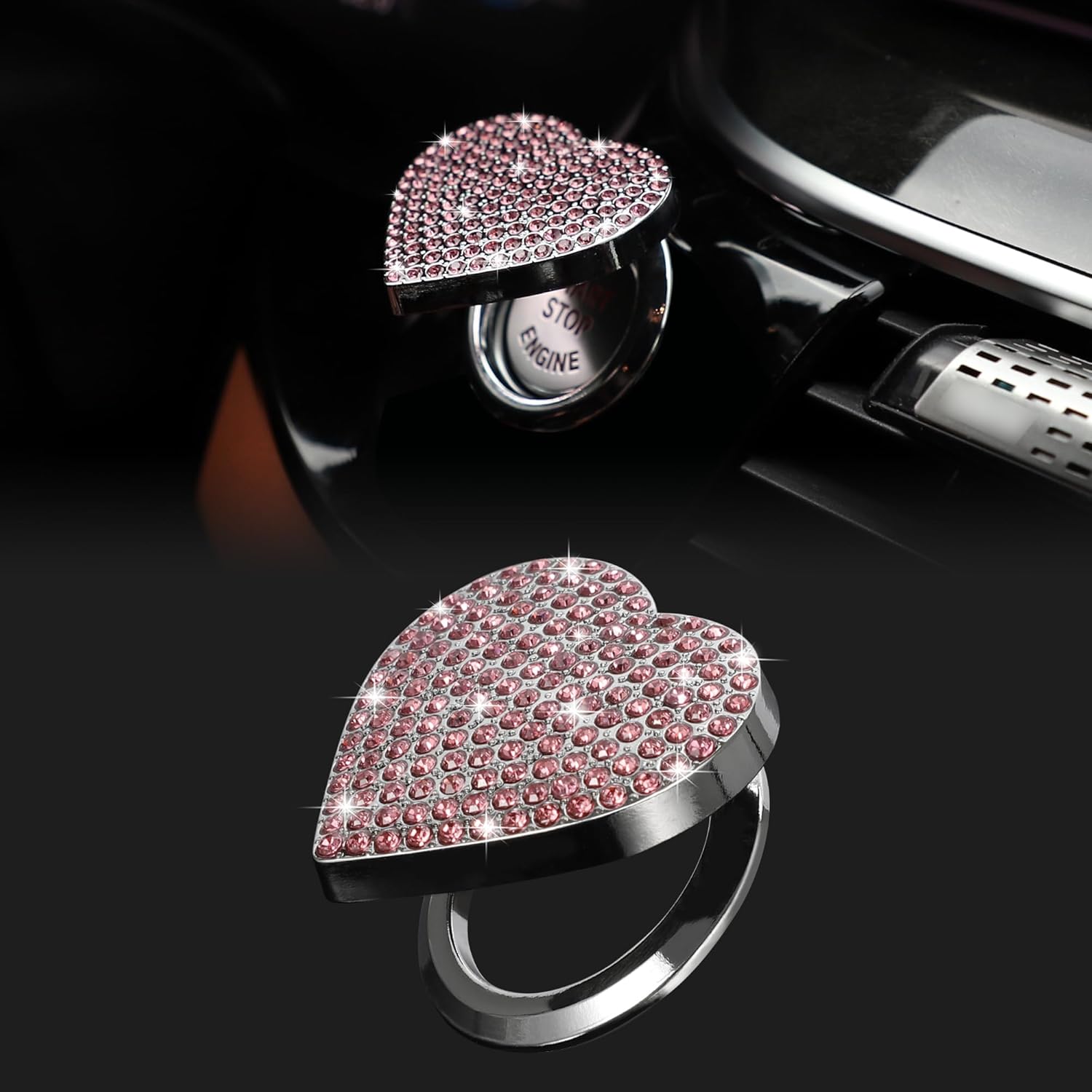 Bling Car Engine Start Button Cover Diamond Interior Crystal Push Start Button Ring Cap Sparkly Accessories Heart Bling Ignition Button Rhinestone Emblem Trim Universal for Car (Pink)