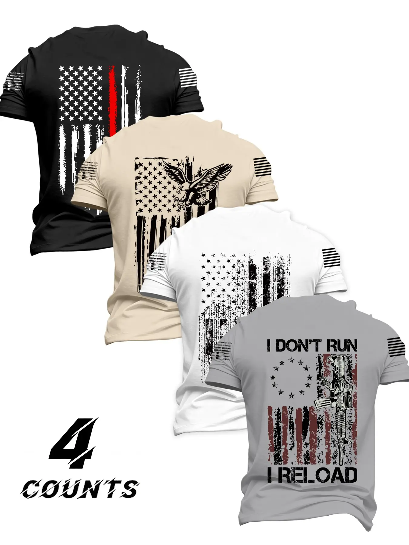 Men's Casual Short Sleeve Top Set, Patriotic American Flag T-Shirts 4-Pack, Ideal for Fitness and Sports, Loose-Fitting Multi-Occasion Wear