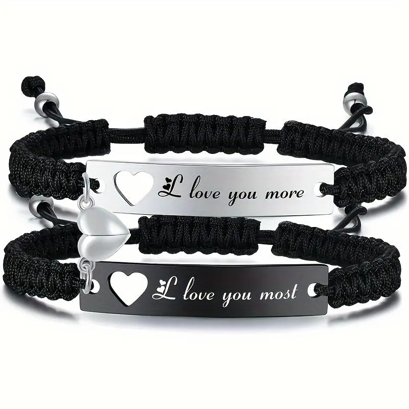 1 Pair Heart Matching Couples Bracelets - Adjustable Braided I Love My Boyfriend Girlfriend Long Distance Bracelets, Lovers His Hers Relationship Promise Bracelet Anniversary Christmas Birthday