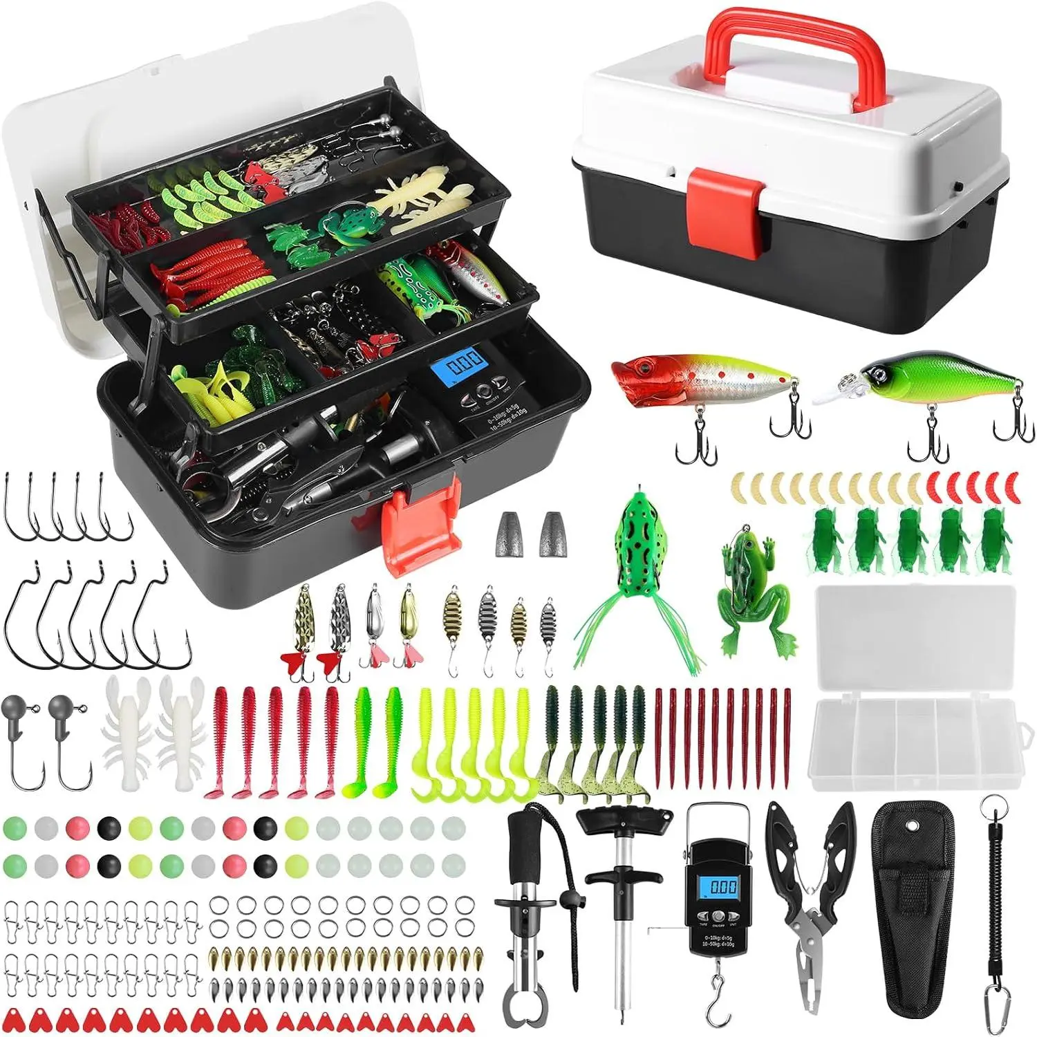 3 Layers Fishing Tackle Box, 213 count Fishing Lures Kit with Small Fishing Tool Kit Containing Weights Scale, Lip Clip, Hook Remover, Fishing Accessories, Fishing Gear for Beginners , Men, Adults