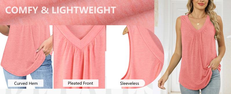 WIHOLL Tank Top for Women Loose Fit Sleeveless Shirts V Neck Summer Clothes Ruched Women's Tees and Tanks Curved Hem