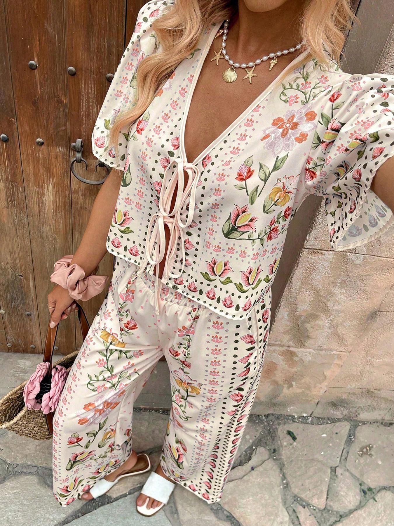 Two-piece Set Women's Floral Print Tie Front Crop Top & Wide Leg Pants, Boho Bohemian Casual Top & Trousers for Beach Vacation Holiday, Ladies Clothes for Summer, Womenswear, Matching Clothing Set, Casual Outfits Women, Casual Lounge Set