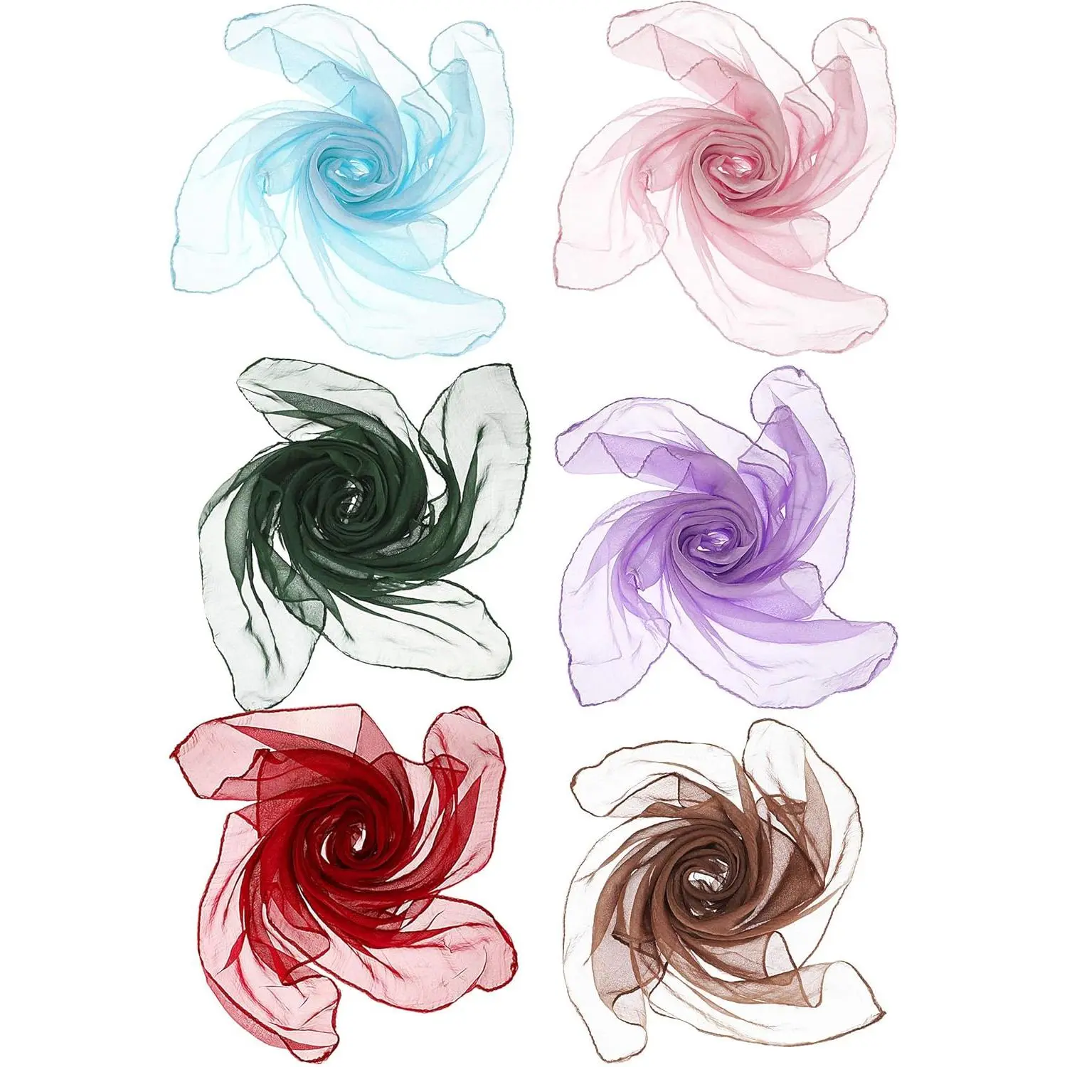 Women's 6-Piece Synthetic Chiffon Scarves, 1950s Style Square Neck Head Scarves, Vintage Soft Assorted Colors Polyester Accessories, 1950S Style Head Scarves, 6 Pieces, 100% Polyester Head Scarves