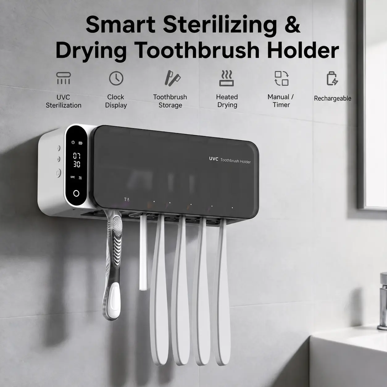 No-Drill UVC Toothbrush Holder with 60 ° C Heated Drying, Digital Clock & Timer, Wall-Mounted 5-Slot Toothbrush Sanitizer Organizer with Removable Rack for Family Bathroom Sterilizing Mount
