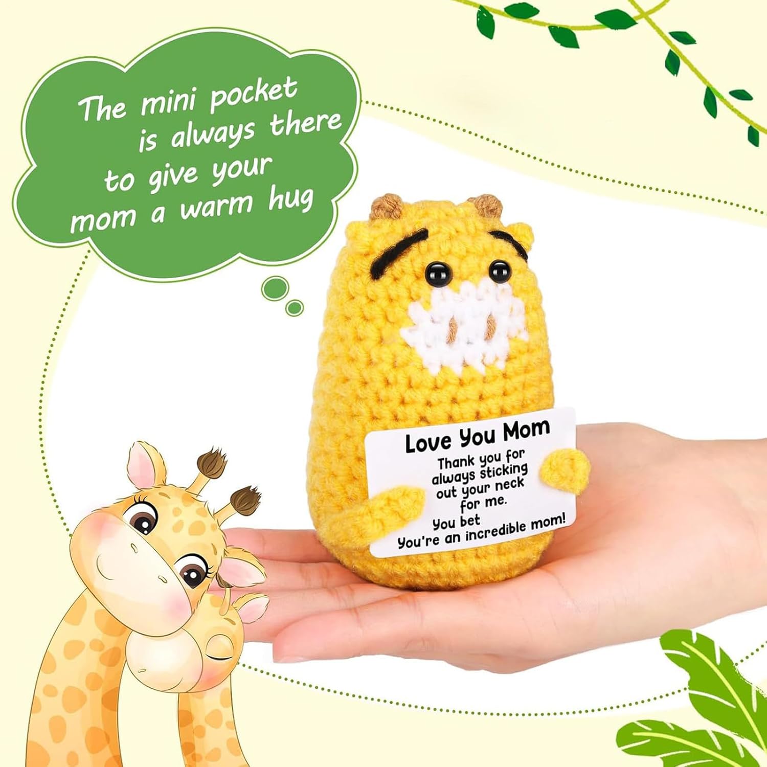 Adorable inspirational crochet giraffe with positive message card! Sweet emotional support animal for kids, adults, coworkers and friends, great for appreciation and encouragement. Soft, charming and meaningful, alovely little gift to lift spirits anytime