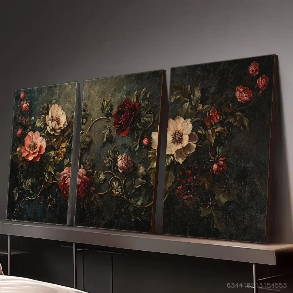 2D Print - 3-Piece Framed Canvas Print - Triptych Vintage Floral Artwork, Black Background - Abstract Poster - Modern Art - Creative Decoration - Suitable for Living Room, Kitchen, Bathroom, Bedroom, Office, Cafe - Home Decor - Perfect Gift - Halloween, C