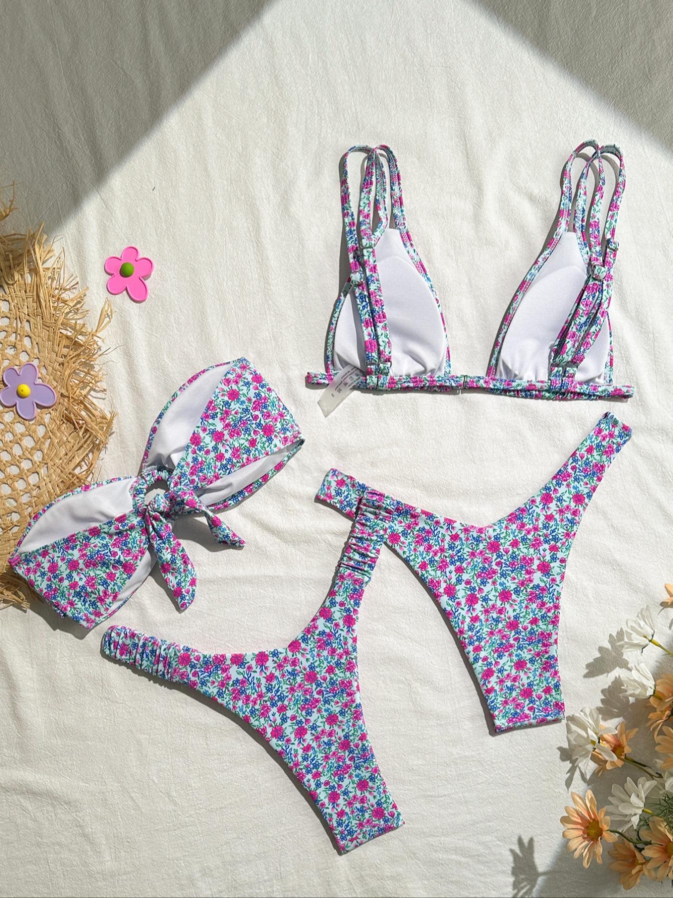 Women's Ditsy Floral Print Brazilian Swimsuits, Boho Fashion Ruched O-ring Tube Swim Bra & Swim Floral Bikini Top & High Cut Swim Floral Bikini Bottom Set, Ladies Swimsuit for Beach Holiday Vacation, Bikinis Sets, Bandeau Bathing Suit