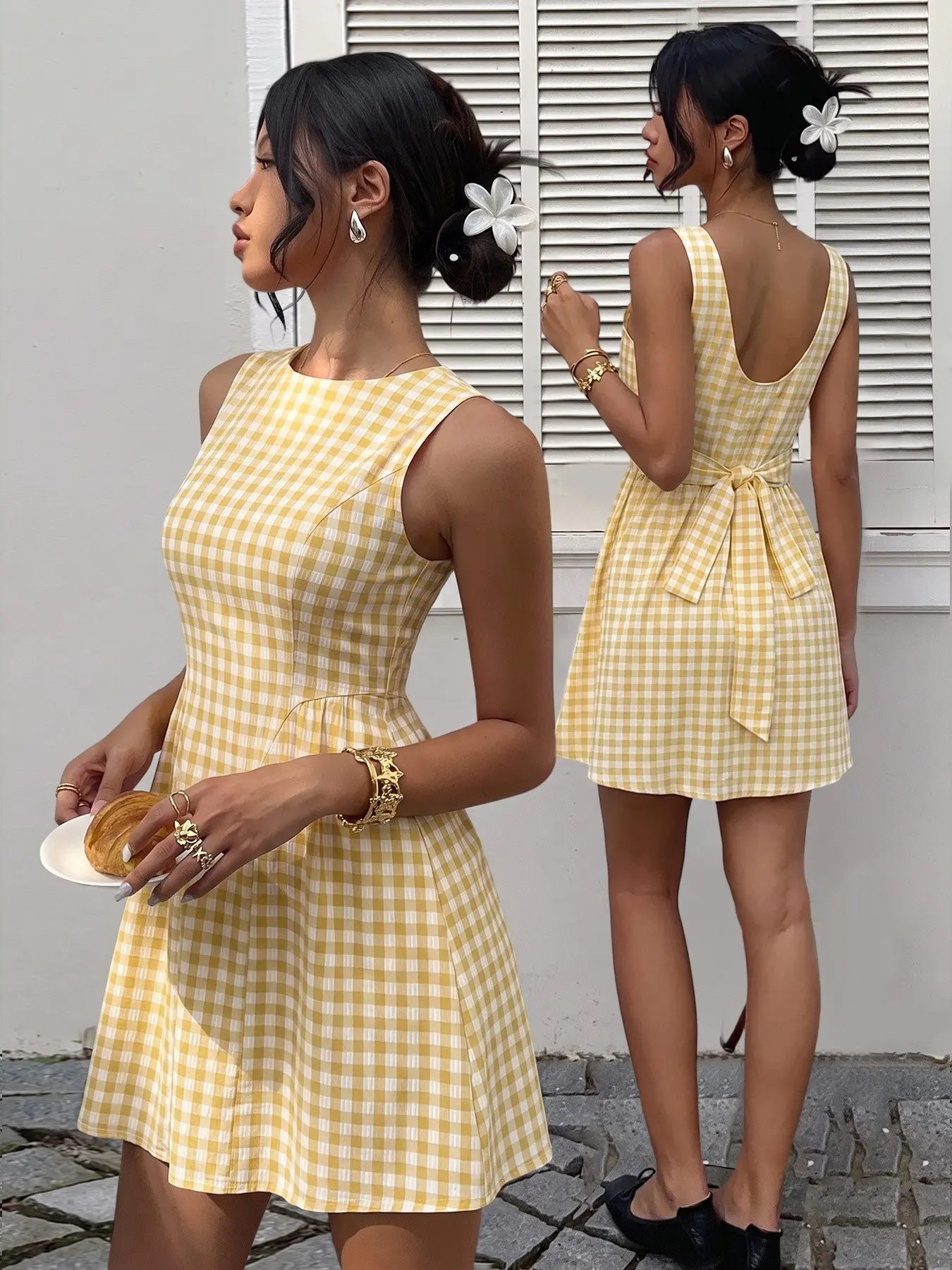 Women French Cottagecore Fresh Summer Mini Dress, Lightweight Woven Fabric Two Tone Cream Yellow White Gingham Round Neck Sleeveless U Back Self Fabric Tie Bow High Waist A Line Casual Sundress For Picnic