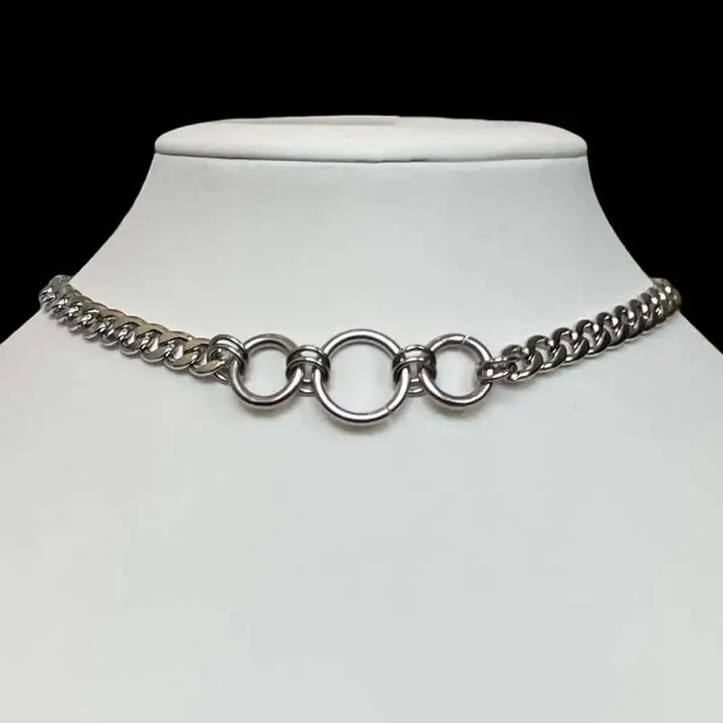1 Piece Goth Stainless Steel Curb Chain Circle Choker Costume Jewelry Necklace for Women Grunge Alternative Collar Adjustable Length