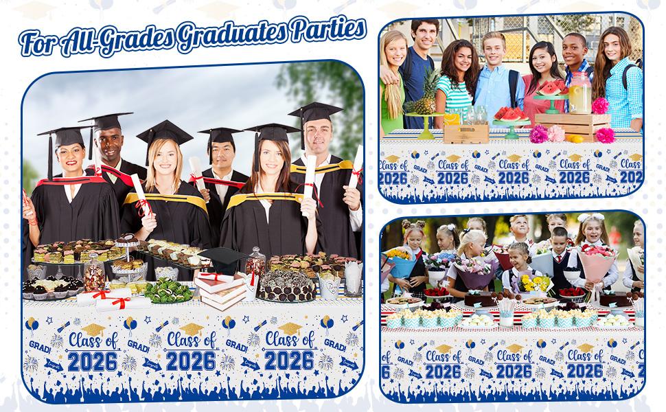 Graduation Decorations Class of 2026 Tablecloth - 3 Pcs Plastic Congrats Grad Table Cloth, Graduation Table Cover for Graduations Party Decorations 2026 and Party Supplies, 54"x108" (Blue and Gold)