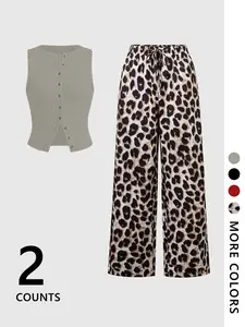 Vintage Bold Style Slim Fit Open Front Knit Vest High Waist Leopard Print Flowy Wide Leg Long Pants Set, Casual Loose-Fitting Suit