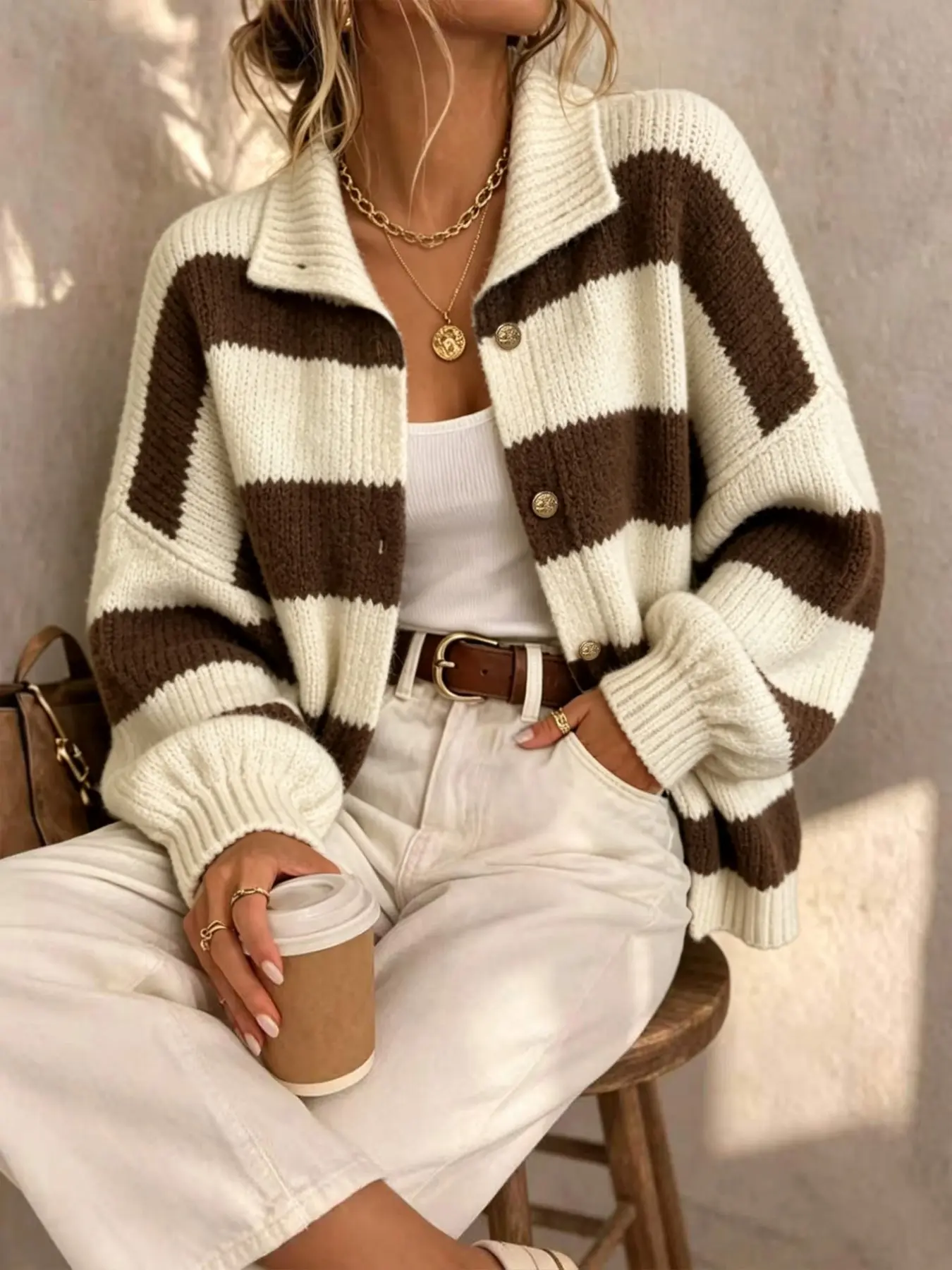 Women's Marled Wide Striped Lapel Knit Button Up Cardigan, Loose Lantern Bubble Sleeve Short Thick Sweater Coat, Fall Winter Casual Outerwear