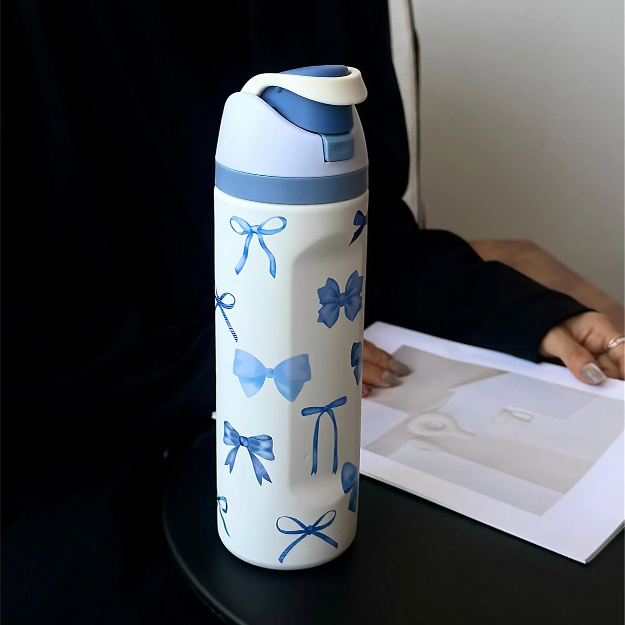 Bow Pattern Stainless Steel Vacuum Flask, 1 Count Portable Leakproof Traveler Tumbler Insulated Water Bottle with Straw, Summer Cool Drinking Cup for Home, Office, School and Outdoor Camping, Drinkware