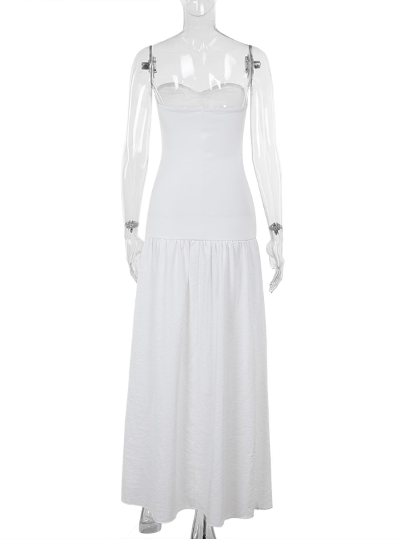 Women's Sleeveless Hollow Out Fitted A-Line Dress, Two Fabric Patchwork Design, Micro-Transparent Material, Beachwear Casual Wear Long Skirt Yj24627pfo