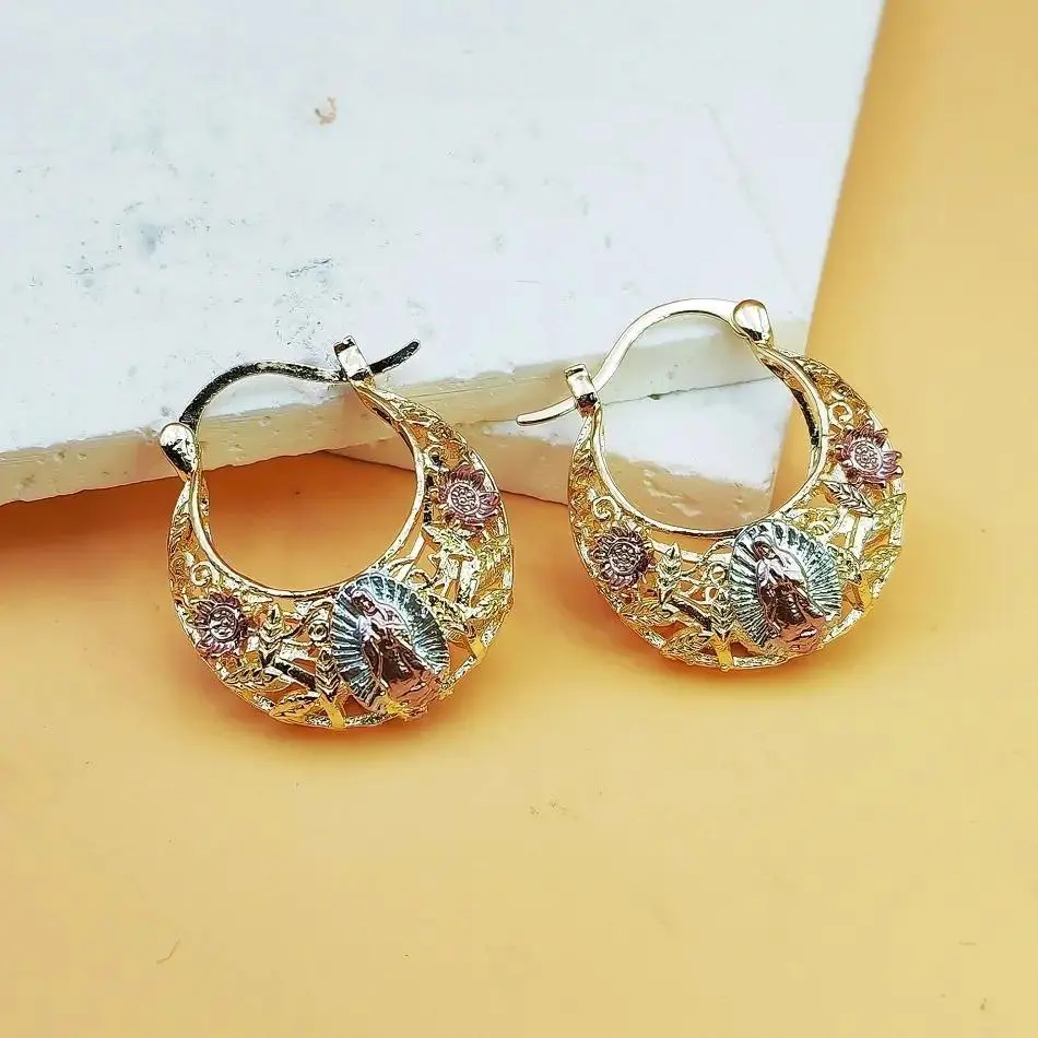 Women's Vintage Marquee Hoop Earrings, Large Hollow Circle Design with Virgin Mary Religious Motif and Engraved Cross, Metallic Costume Jewelry for Party Wear, Engraved Cross Religious Motif Earrings, Chunky Jewelry, Female, Retro, Large Metallic Earrings