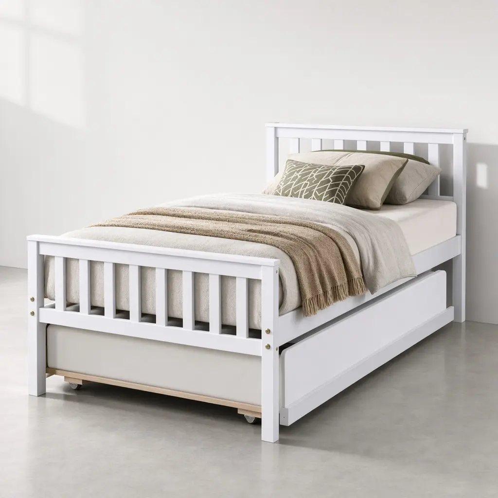 ARCH Furniture Minimalist Framed Twin-Size Platform Bed with Trundle (Pull Out Bed), Pine Wood Frame with Headboard and Footboard, Silent Design, 68.20 lbs, No Box Spring Needed, Assembly Required, Grey, for Small Bedrooms