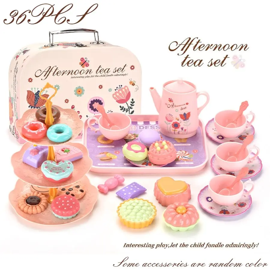 Kids Pretend Play Afternoon Tea Set - Pink Tea Party Toy with Teapot, Cups, Desserts & Suitcase, Ideal Christmas Birthday Easter Gift for Girls, Toddler Play Kitchen & Tea Time Accessory