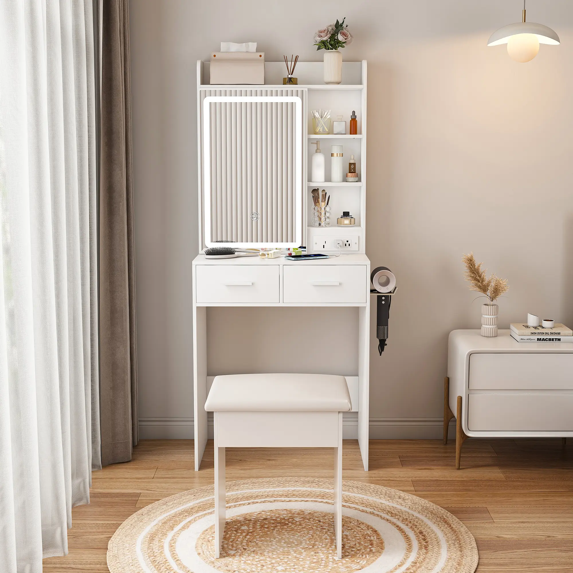 ARCH Small White Makeup Vanity Desk with Mirror, Adjustable LED Lights, Built-in Power Outlet, Hidden Storage, Shelf & Included Padded Stool - Space-Saving Indoor Furniture for Small Bedrooms & Living Room Sofa Side, Includes Stool