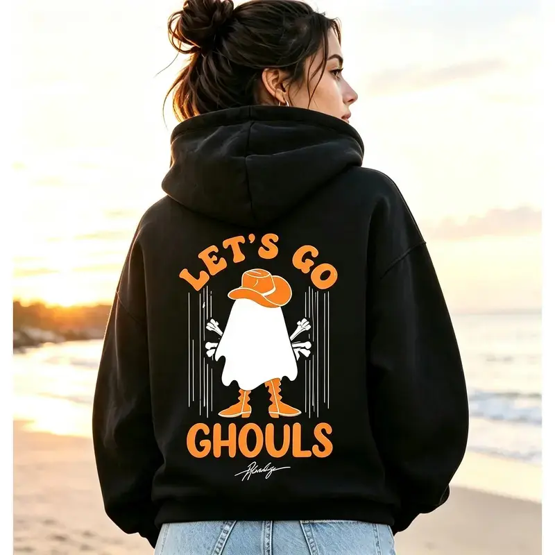 Let's Go Ghouls Cowboy Ghost Fleece Halloween Hoodie, Western Spooky Ghost Sweatshirt, Cute Cowgirl Ghost Fall Warm Pullover