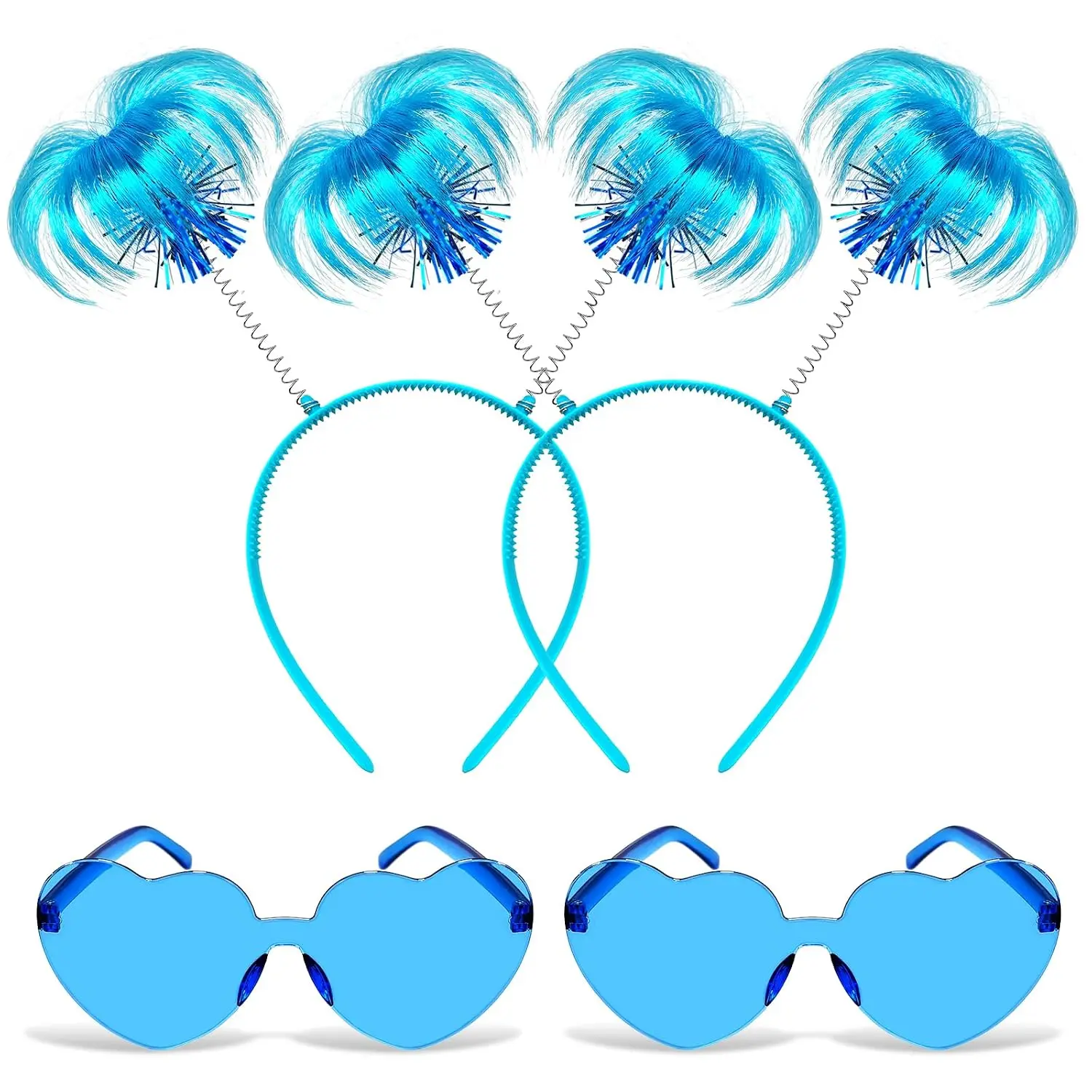 4-Pack Peppy Festive Bopper Accessories Set - Blue Synthetic Ponytail Headbands, Heart Sunglasses, Feathers - Comfortable Spirit Week Default Party Decor & Gifts for Costume Events, Halloween