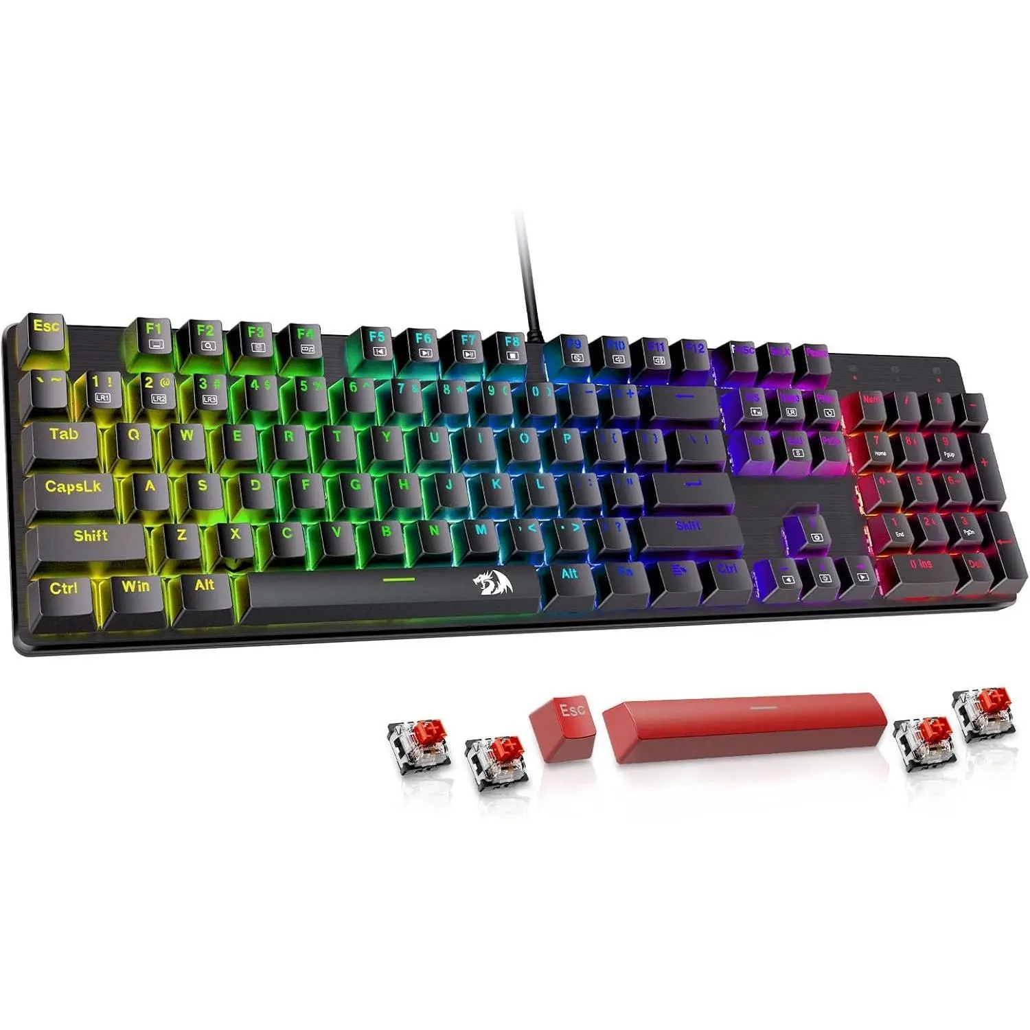 Mechanical Gaming Keyboard Wired, 11 Programmable Backlit Modes, Hot-Swappable Red , Anti-Ghosting, Double-Shot PBT Keycaps, Light Up Keyboard for PC