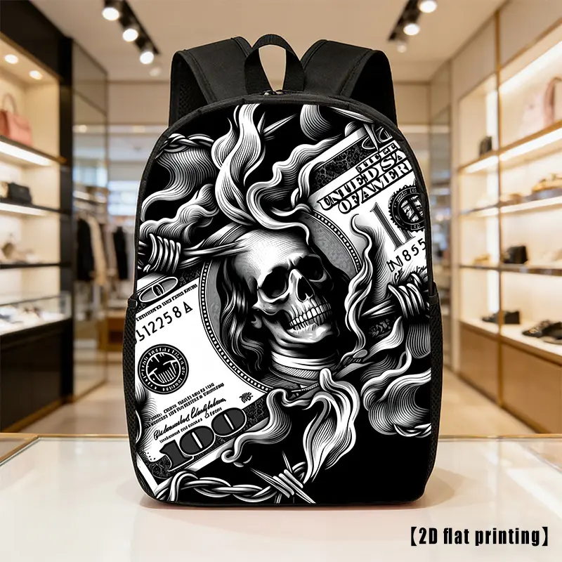 Gothic Backpack with Cash Skull Art, Polyester School Bookbag with Bold Graphics for Teens, Adults, Lightweight Streetwear Travel Daypack, Backpacks For School, Polyester Fabric, Roomy Compartment, Book Bags For School