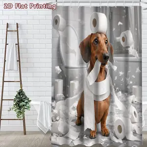 Funny Dachshund Dog Messy Toilet Paper 4 Piece Bathroom Shower Curtain Set 72x72 Inch, Waterproof Heavy Polyester Humorous Pet Bath Curtain with Rustproof Metal Grommets, Toilet Lid Cover, U-Shape Mat & Absorbent Floor Rug for Home Hotel Gym