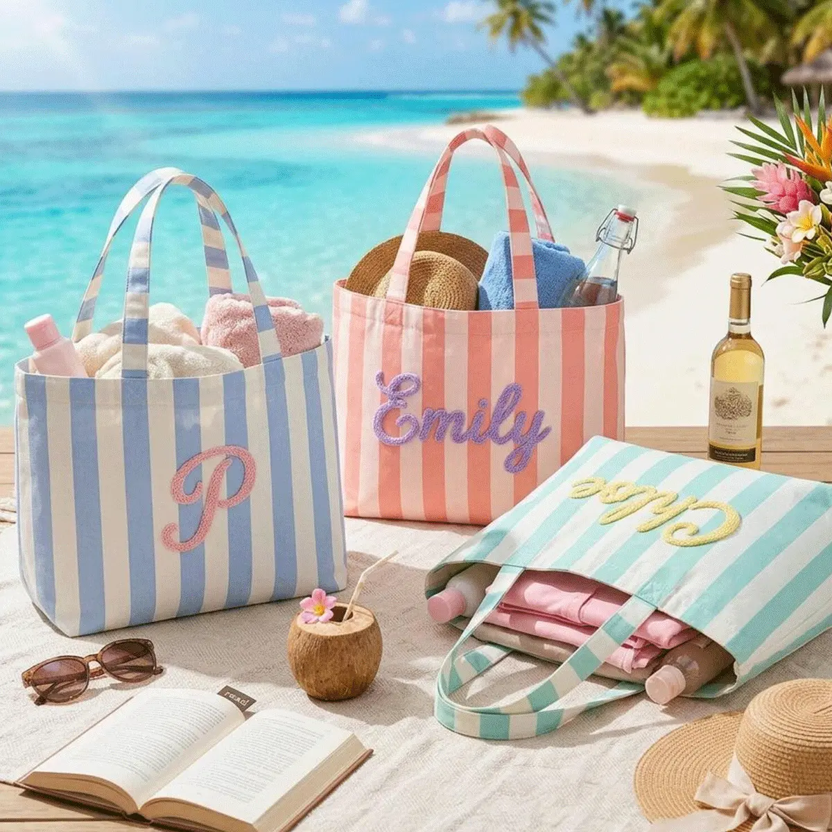 AS1013 Personalized Custom Name Striped Tote Bag Flower Animal Decoration Commuter Portable Shoulder Bag Women's Gift